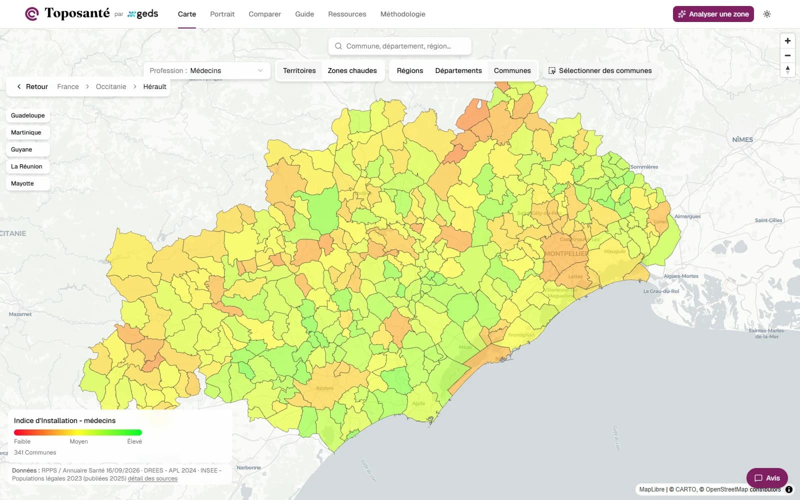 Carte interactive Toposanté montrant l'Indice d'Installation des médecins par territoire